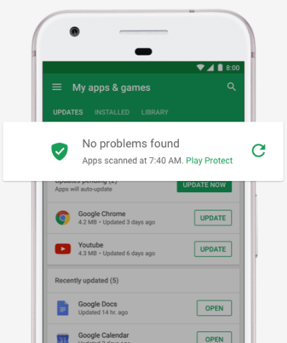 Ein Handy ist zu sehen, dass durch Google Play Protect geschützt ist. Welche Android-Version genutzt wird, ist nicht erkennbar. Foto: Screenshot