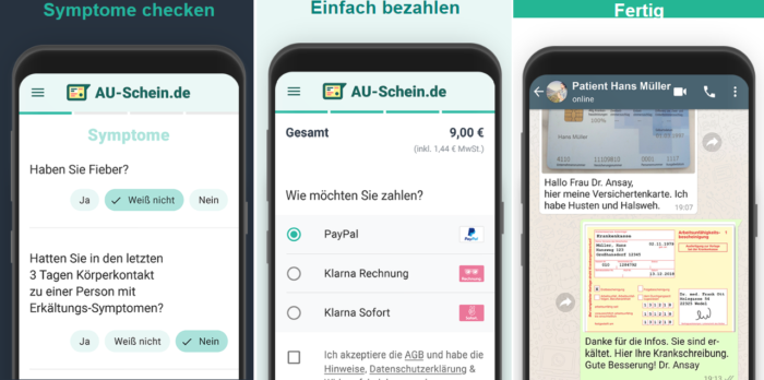 Zu sehen ist eine Montage verschiedener WhatsApp-Bildschirme. Sie zeigt den Weg zum Krankschreiben lassen per WhatsApp. Screenshots au-schein.de/Montage: PC-SPEZIALIST
