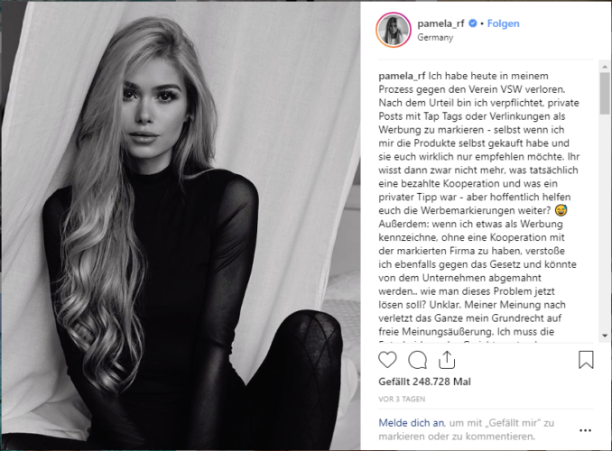 Screenshot mit Foto von Pamela Reif mit der Reaktion zum Karlsruher Urteil über Instagram-Influencer. Foto: Screenhot Instagram @pamela_rf