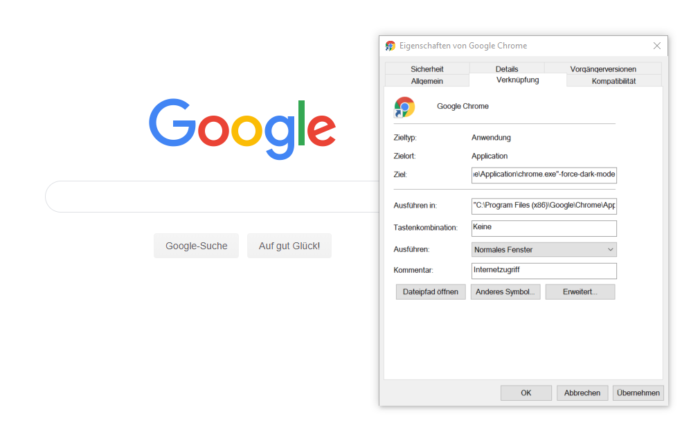 Zu sehen ist ein Screenshot mit dem Fenster für die Eigenschaften von Google Chrome. Hier kann bei Chrome 74 den Dark Mode einstellen. Bild: Screenshot