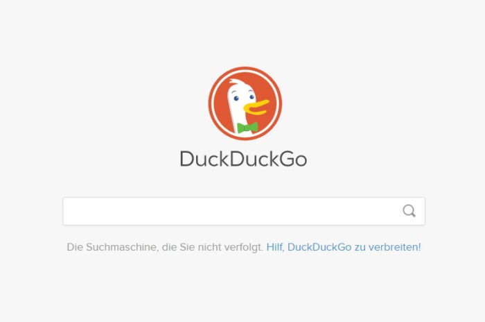 Zu sehen ist ein Screenshot der anonymen Suchmaschine DuckDuckGo. Das Logo zeigt eine weiße Ente mit grüner Fliege vor einem orangefarbenen Kreis als Hintergrund. Bild: Screenshot