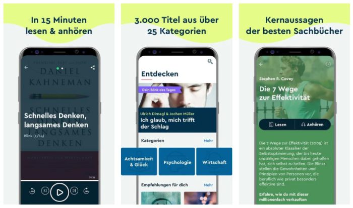 Zu sehen ist ein Screenshot der Blinkist-App aus dem Google PlayStore. Drei Smartphone-Bildschirme zeigen die Lese- und Audioansicht zweier Sachbücher sowie einen Ausschnitt der Kategorien. Bild: Screenshot