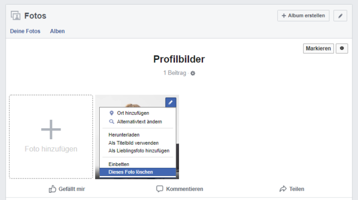 Screenshot des Facebook-Accounts mit der Info, wo ihr Profilfotos löschen könnt. Foto: Screenshot PC-SPEZIALIST.