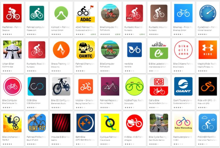 Zu sehen ist ein Screenshot aus dem Google Play Store, in dem 32 Fahrrad-Navi-Apps zu sehen sind. Das ist nur ein kleiner Teil alles Radfahrer-Apps. Bild: Screenshot