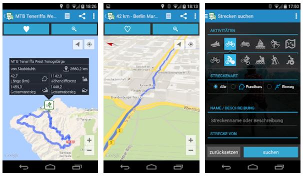 Zu sehen sind Screenshots von drei Smartphone-Ansichten der GPSies-App. Screenshot 1 zeigt eine Radrundtour für Mountainbike auf Teneriffa; Screenshot 2 zeigt den Routenverlauf des Berliner Mauerradwegs; Screenshot 3 zeigt die Streckensuche. Bild: Screenshot