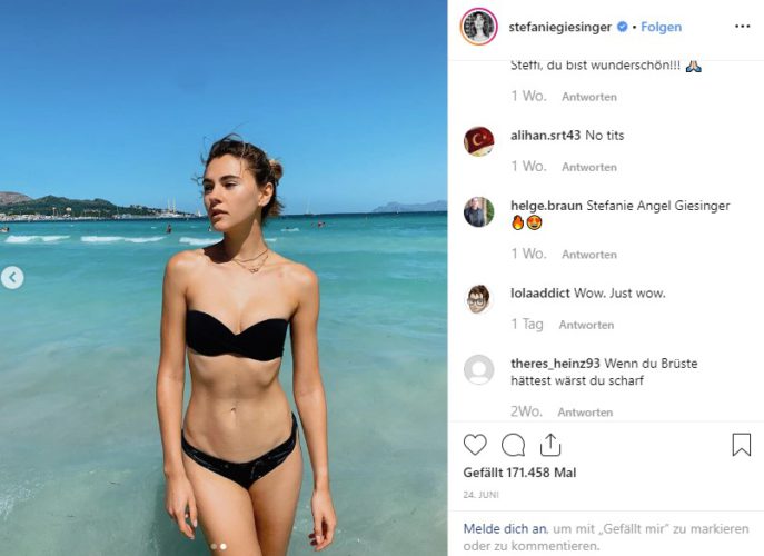 Ein Instagram-Post von Model Stefanie Giesinger am Strand, daneben tw. heftige Hasskommentare. Foto. Screenshot