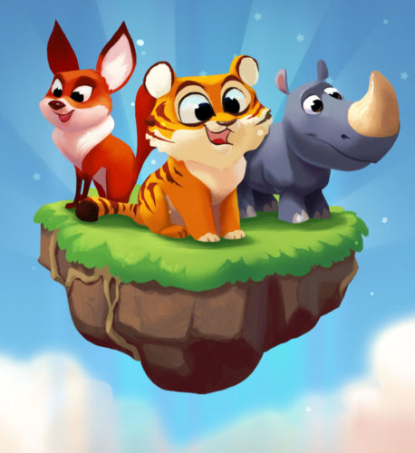 Zu sehen ist eine Grafik aus der Coin-Master-App mit einem kleinen Nashorn, einem kleinen Tiger und einem kleinen Fuchs. Bild: Screenshot