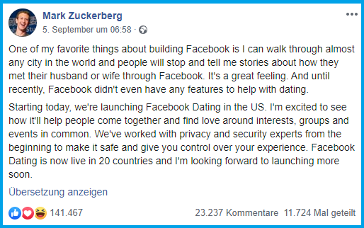 Stellungnahne von Mark Zuckerberg zum neuen Facebook-Dating. Foto: Screenshot/Mark Zuckerberg Facebook-Account