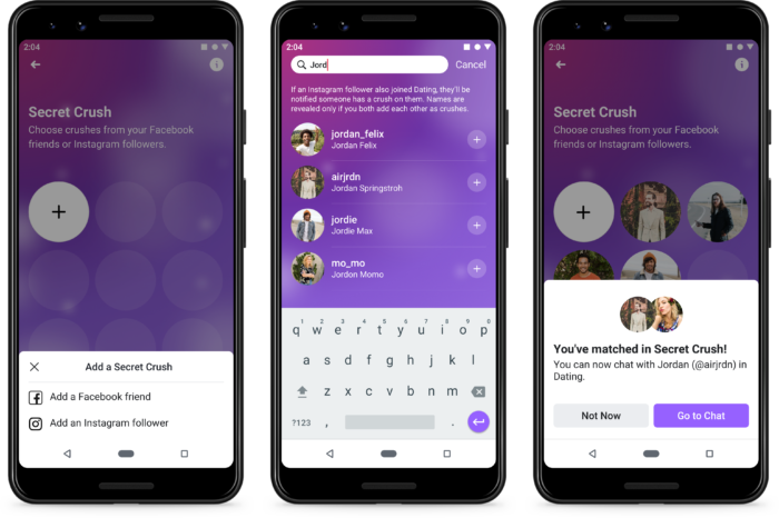 Screenshot der neuen Facebook-Dating Funktion Secret Crush (Heimlich verknallt).