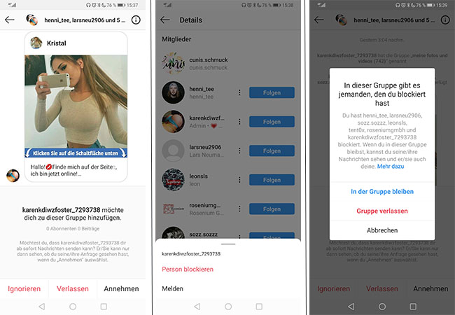 Zu sehen sind drei Screenshots aus der Instagram-App mit Instagram-Spam. Sie zeigen die Einladung in einen Instagram-Chat, die Melden-Funktion und die Benachrichtigung über blockierte Personen. Bild: Screenshots Instagram