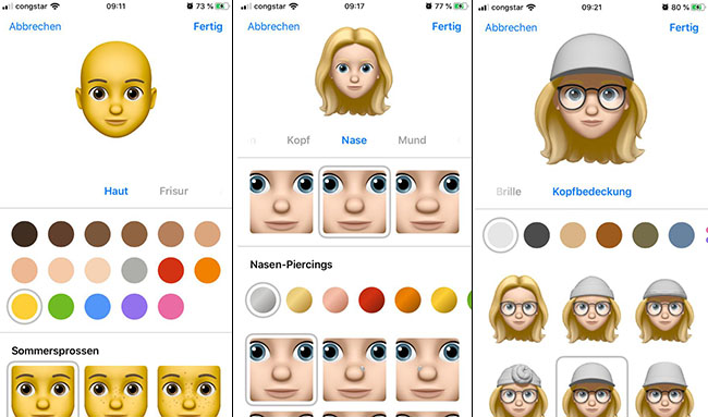 Zu sehen sind drei Screenshots aus dem Memoji-Konfigurator: Hautfarbe anpassen, Augen anpassen, Mütze aufsetzen. Und das geht auch für Android-Memoji. Bild: PC-SPEZIALIST
