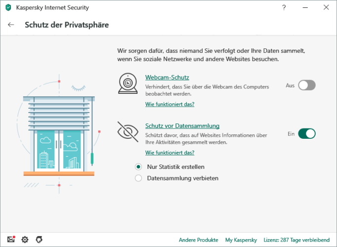 Das Bild zeigt einen Screenshot der Kaspersky Internet Security mit der Funktion Webcam-Schutz. Bild: Kaspersky