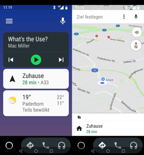 Das Bild zeigt eine Collage aus Screenshot der App Android Auto. Der Startbildschirm sowie die Navigationsansicht. Bild: Android App / Screenshot PC-SPEZIALIST