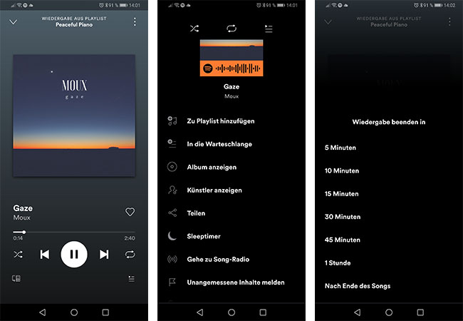 Zu sehen sind drei Screenshots, die zeigen, wie der Sleeptimer Spotify eingestellt wird. Bild: Screenshot & Montage PC-SPEZIALIST