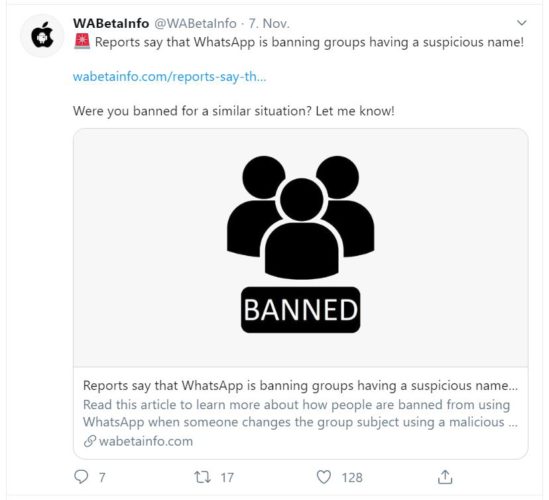 Zu sehen ist ein Twitter-Post, in dem WABetaInfo von Whatsapp-Accounts berichtet, die wegen WhatsApp-Gruppennamen gesperrt worden sind. Bild: Screenshot Twitter