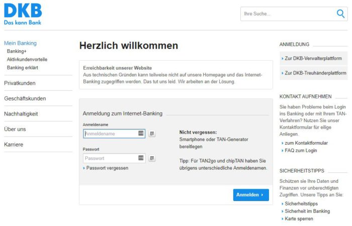 Zu sehen ist ein Screenshot des DKB-Internet-Banking-Portals. Bild: Screenshot Deutsche Kreditbank AG