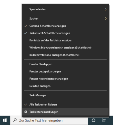 Der Screenshot zeigt, wo ihr die Taskleisteneinstellungen für die Windows 10 Taskleiste findet. Bild: Screenshot PC-SPEZIALIST