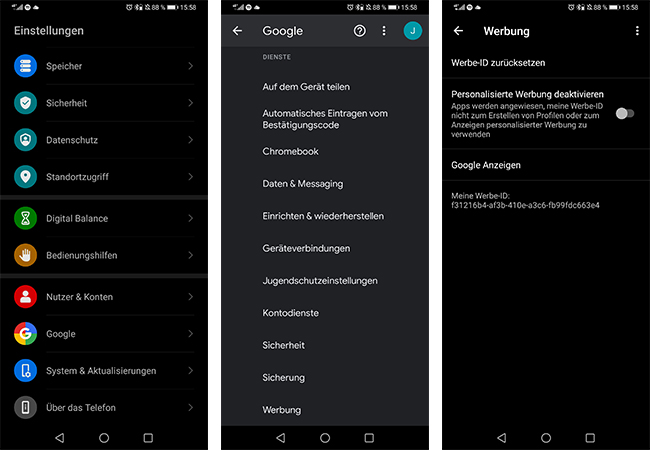 Zu sehen sind drei Screenshots aus den Android-Einstellungen. Dabei wird die Werbe-ID deaktiviert, die von der Grindr-App genutzt wird. Bild: Screenshots