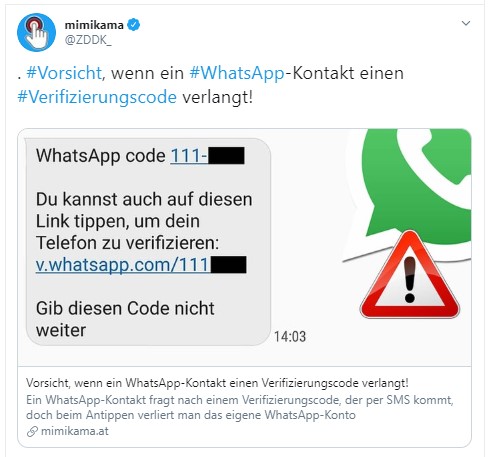 Warnung auf Twitter -Seite von Mimikama vor der Nachricht mit Anfrage nach Verifizierungscode. Bild. Screenshot Twitter
