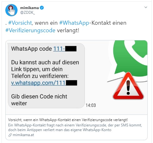 Warnung auf Twitter -Seite von Mimikama vor der Nachricht mit Anfrage nach Verifizierungscode. Bild. Screenshot Twitter