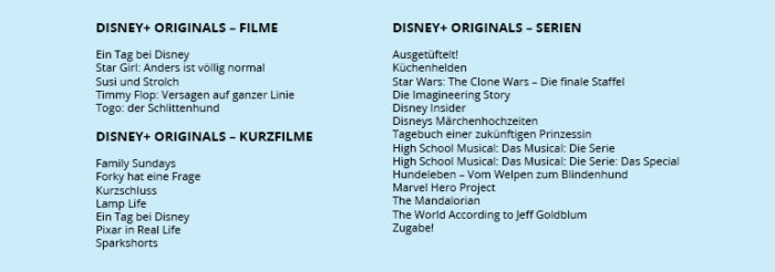 Zu sehen ist eine Auflistung der Filme und Serien von Disney+ Originals, die beim Disney Plus Deutschland Start dabei sind. Bild: Collage PC-SPEZIALIST / Quelle Disney