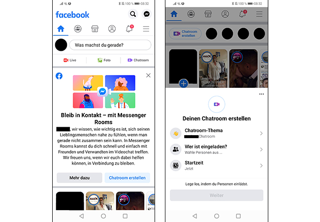 Zu sehen ist in zwei Screenshots, wie Facebook Rooms als Facebook-Videokonferenz beworben wird und wie man einen Chatraum anlegt. Bild: PC-SPEZIALIST