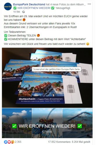 Zu sehen ist ein Screenshot, der ein Europa-Park-Gewinnspiel auf der falschen Facebook-Seite EuropaPark Deutschland zeigt. Bild: Screenshot