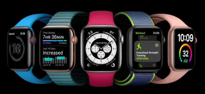 Zu sehen sind verschiedene Modelle der Apple Watch mit Ansichten neuer Funktionen von watchOs. Diese wurden bei der WWDC 2020 vorgestellt. Bild: Screenshot Apple