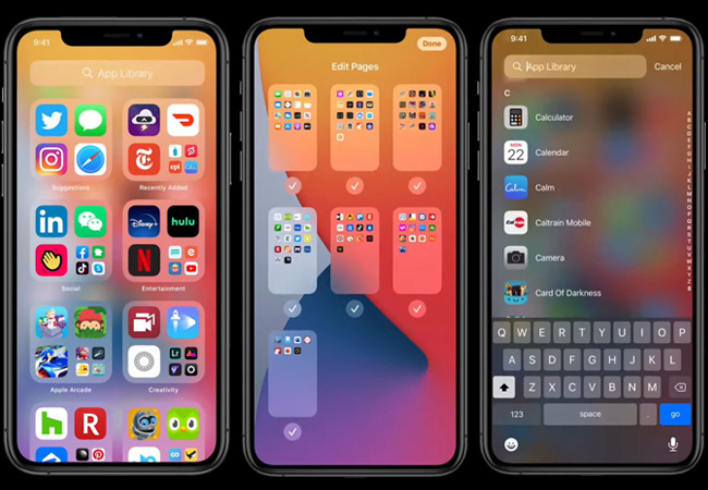 Zu sehen sind Screenshots von drei iPhone-Bildschirmen, auf denen die App Library zu sehen ist. Sie wurde bei der WWDC 2020 vorgestellt. Bild: Screenshots Apple