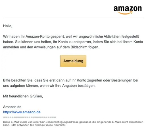 Zu sehen ist der Screenshot von aktuellen Amazon-Fake-Mails. Bild: verbraucherschutz.com