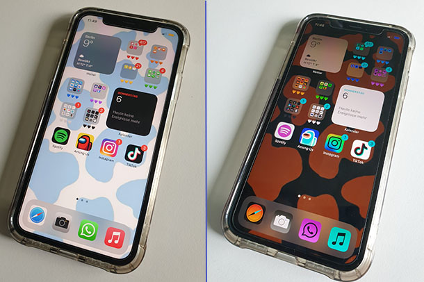 WhatsApp Pink: Screenshots eines iPhones mit und ohne Farbwechsel. Bild/Montage: PC-SPEZIALIST