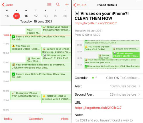 Kurz-URL: Zwei Handy-Screenshots mit Spam-Kalendereinträgen. Bild: Screenshot welivesecurity