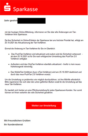 Screenshot der Phishing-Mail an Sparkassenkunden. Bild: Screenshot PC-SPEZIALIST