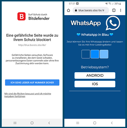 Blue WhatsApp: Zwei Screenshots nebeneinander. Links ein Virenschutzprogramm, das vor der Seite warnt, rechts WhatsApp Blue. Bild: Screenshots/Montage PC-SPEZIALIST.