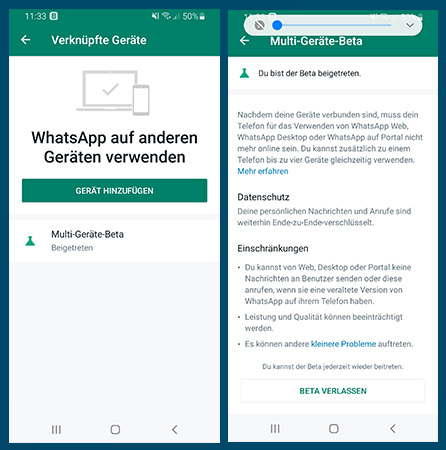 WhatsApp Multi Device Support: Zwei Screenshots, wie die Funktion am Smartphone beendet wird. Bild: Screenshots PC-SPEZIALIST