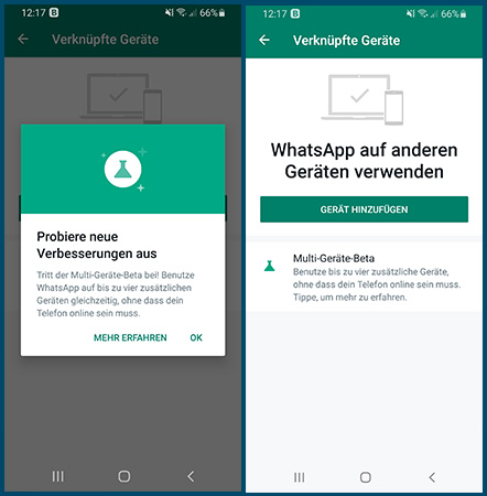 WhatsApp Multi Device Support: Screenshots, wie WhatsApp die neue Funktion darstellt. Bild: Screenshots PC-SPEZIALIST