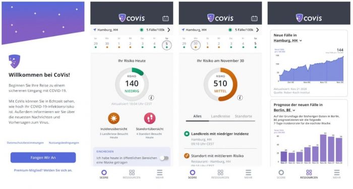 Screenshots der App CoVis aus dem Google Play Store. Bild: Die CoVis-App wird symbolisiert von einem Schutzschild mit Virus. Bild: Screenshot Google Play Store