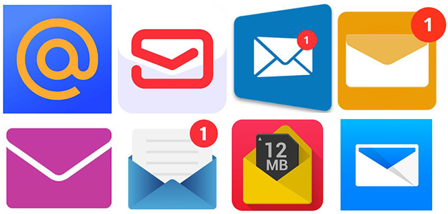 Acht App-Symbole – dieses E-Mail-Apps haben mangelhaften Datenschutz. Bild: Screenshots aus Google Play Store/Montage: PC-SPEZIALIST