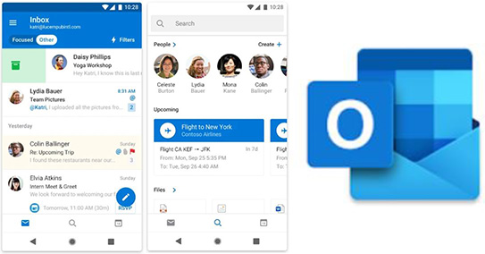 Outlook-Suche Funktioniert nicht. Screenshots zeigen Suchfunktion und Logo der mobilen App. Bild: Screenshots Google Play Store / Montage PC-SPEZIALIST.