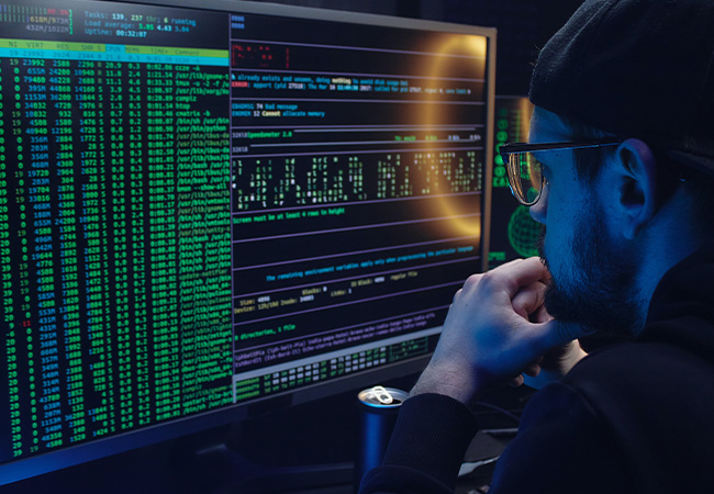 Privacy Shield: Mann sitzt vor einem Computer mit kryptischen Symbolen. Bild: Pexels/Mikhail Nilov