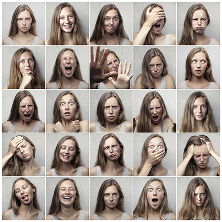 WhatsApp Message Reactions: Collage einer Frau, mit insgesamt 25 mimischen Ausdrücken. Bild: Pexels/Andrea Piacquadio