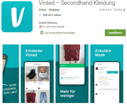 Vinted-Bezahlsystem: Screenshot der Vinted-App aus dem Google Play Store. Bild: Screenshot Google Play Store