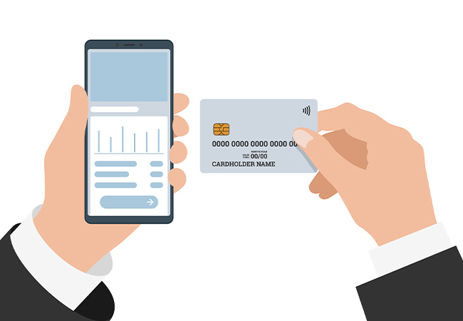 TAN-Verfahren: Geschäftsmann hält Handy mit Online-Banking-App und Geldkarte; Grafik. Bild: Azat Valeev/stock.adobe.com