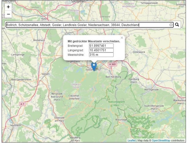 Screenshot zeigt die Höhenmeter an bestimmten Koordinaten. Bild: Screenshot mapcorordinates.net