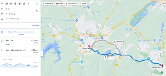 Google-Maps-Höhenmeter anhand einer willkürlichen Route. Bild: Screenshot Google Maps