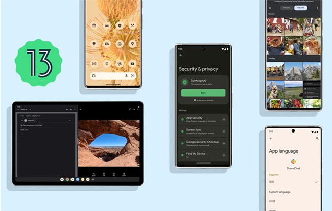 Android 13: verschiedene Displays mit neuem Betriebssystem auf blauem Hintergrund. Bild: Screenshot/©Google
