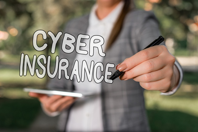 Konzeptuelle Handschrift zeigt Cyber-Versicherung. Im Outdoor-Hintergrund eine Frau mit Laptop und Stift. Bild: ©Artur/stock.adobe.com