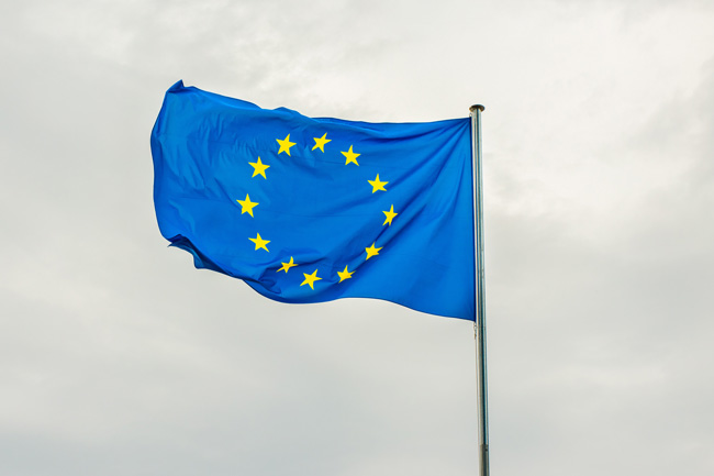 EE-AI-Act: EU-Flagge vor grauen Himmel in Bewegung. Bild: Pexels/Dušan Cvetanović (https://www.pexels.com/de-de/foto/blau-bewegung-flagge-europaische-union-12541596/)