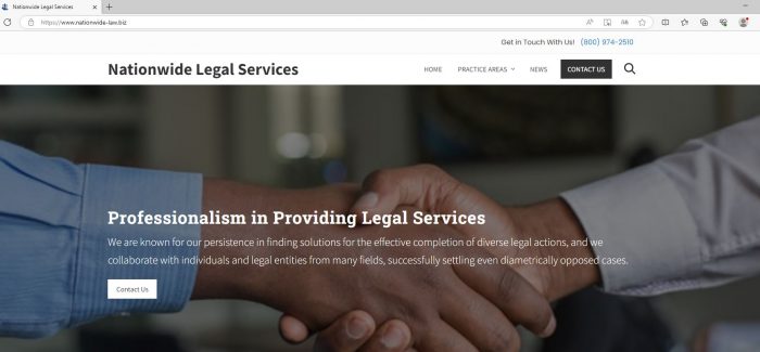Sieht täuschend echt aus, ist aber Fake: Die Webseite von Nationwide Law, die auf Nationwide Legal Services führt. Bild: Screenshot (https://www.nationwide-law.biz/)