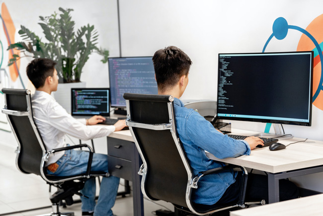 Avira-Update: Ansicht von schräg hinten auf zwei junge Männer, die am PC arbeiten.